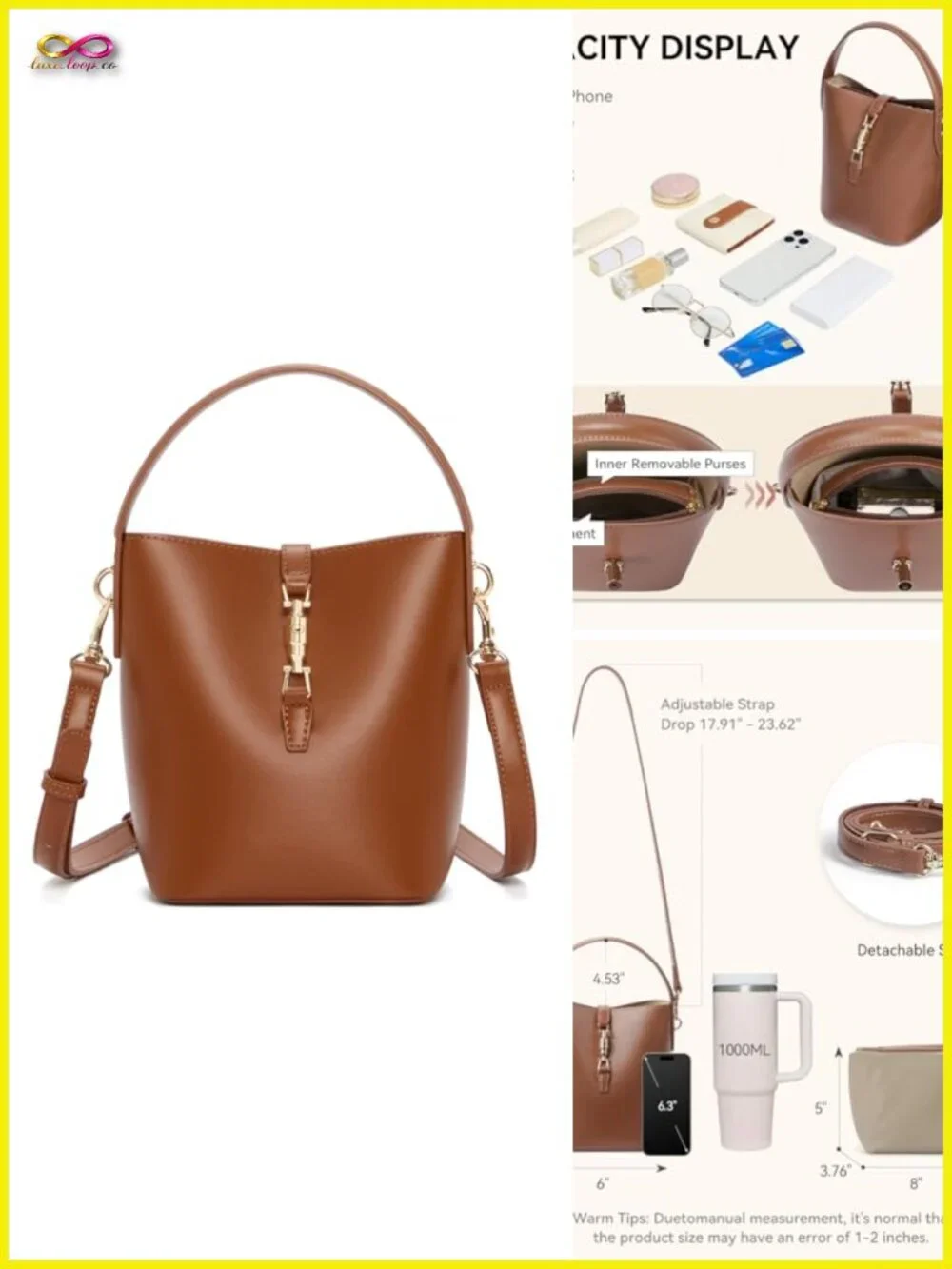 Small Vegan Leather Bucket Bag Crossbody Shoulder Purse Handbag